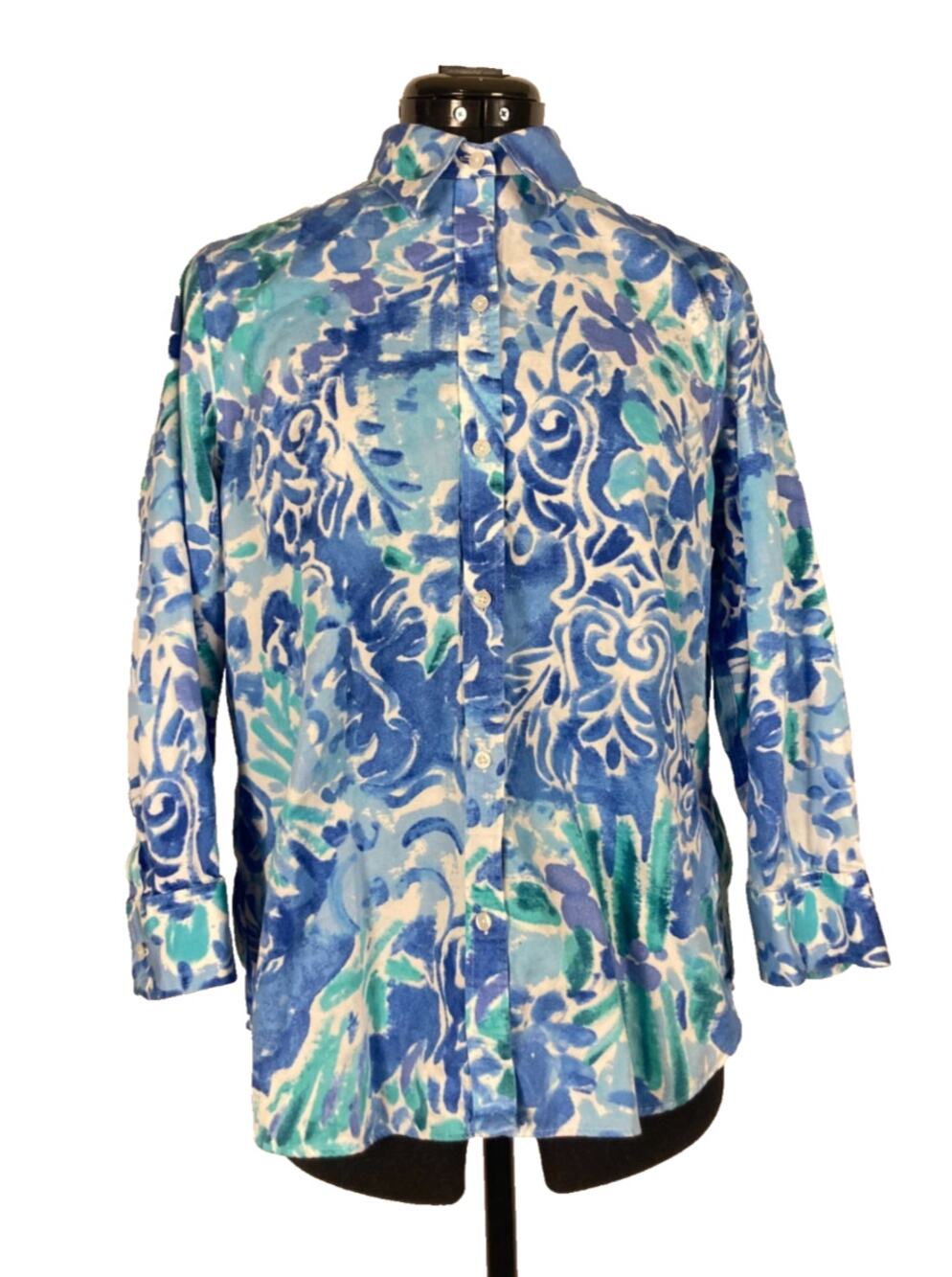 L Chaps Classics blue white artistic multi button up blouse long sleeve collar